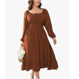 Cottagecore Smocked Midi Dress 3XL Peasant Prairie Rust Red Balloon Sleeve